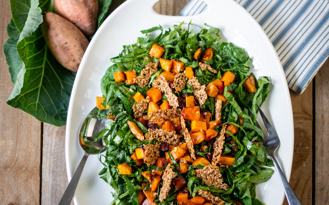 Collard Greens Salad with Roasted Sweet Potatoes and Seed Brittle